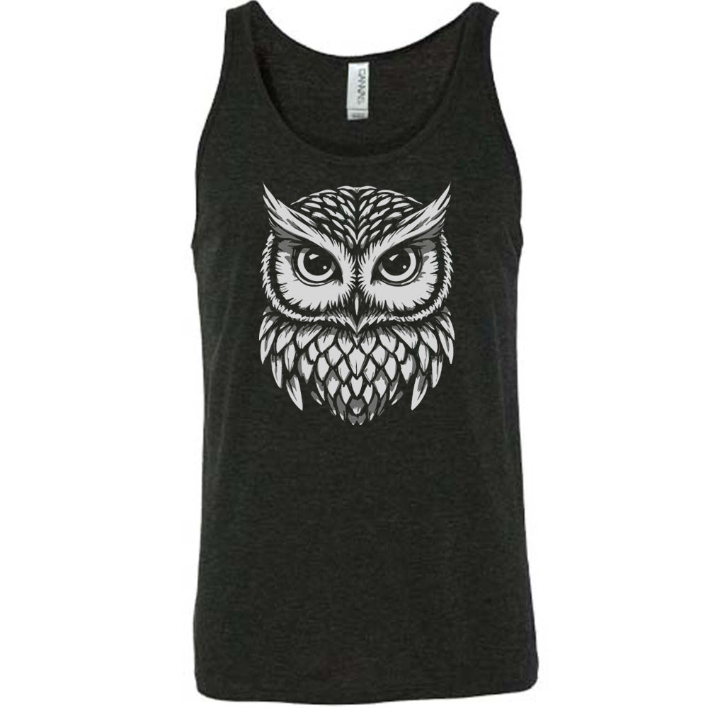 Black colored tank with stylized owl graphic on it