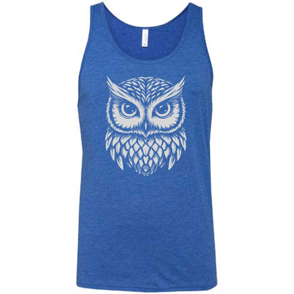 Blue colored tank with stylized owl graphic on it