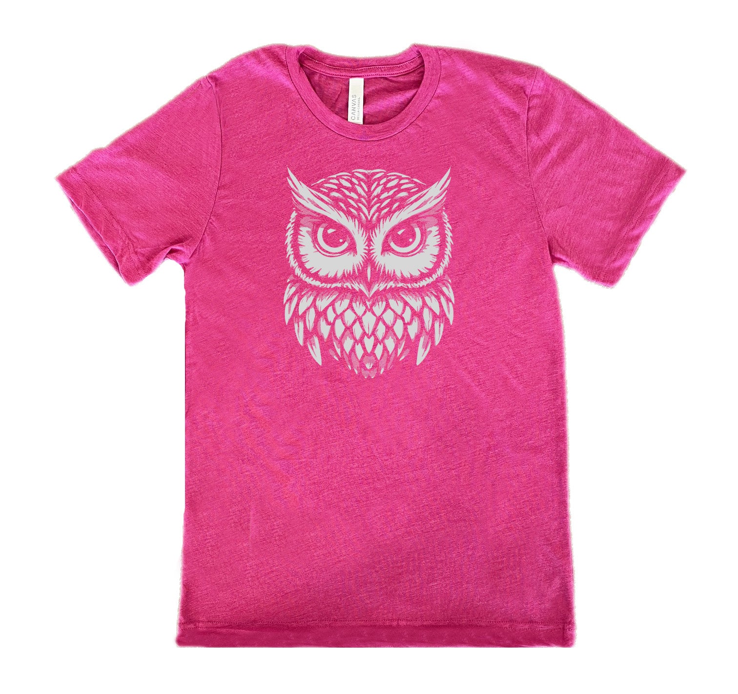 Berry colored shirt with stylized owl graphic on it