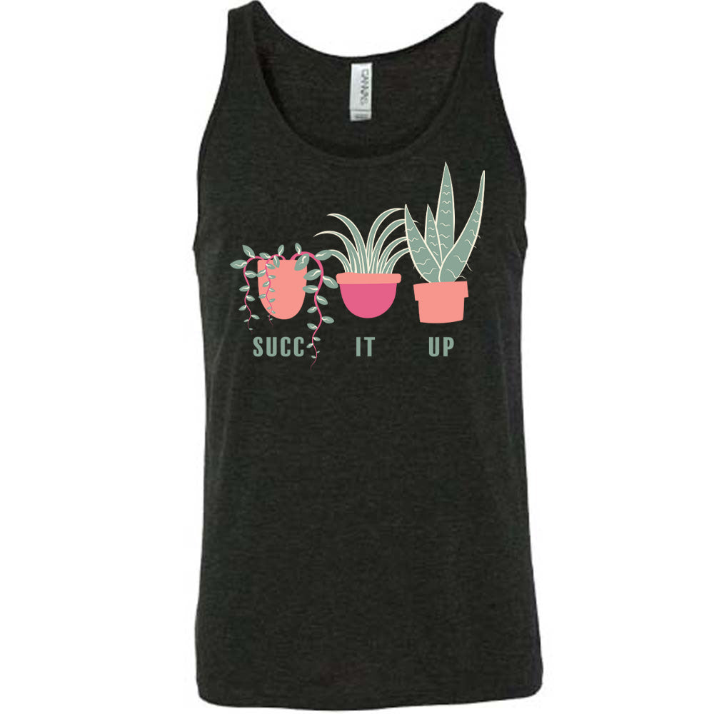 Black colored tank with potted succulents graphic on it that says "Succ It Up"