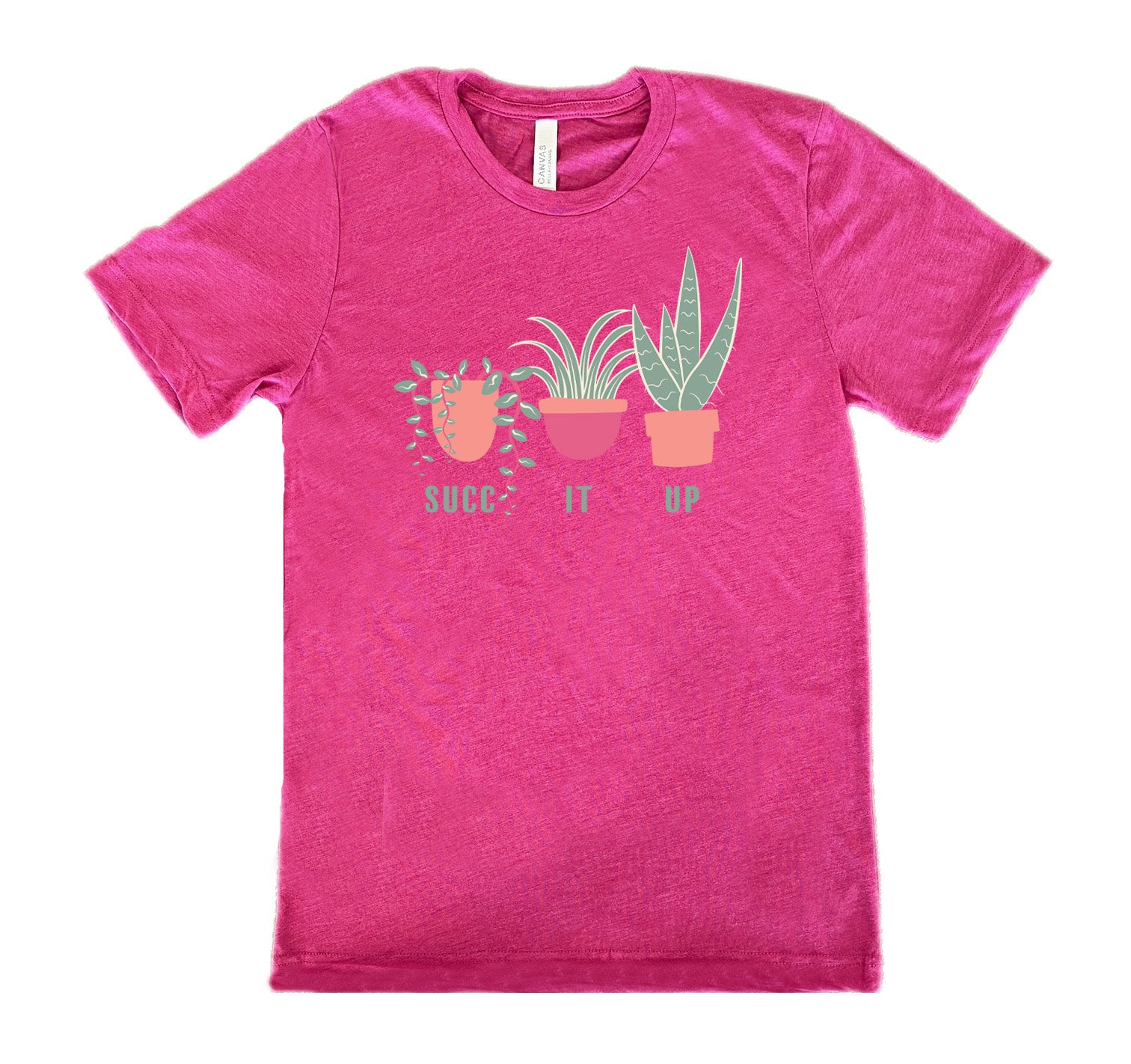 Berry colored shirt with potted succulents graphic on it that says "Succ It Up"