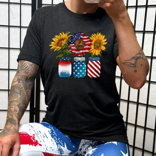 model wearing the Black Sunflower Mason Jar Unisex Shirt