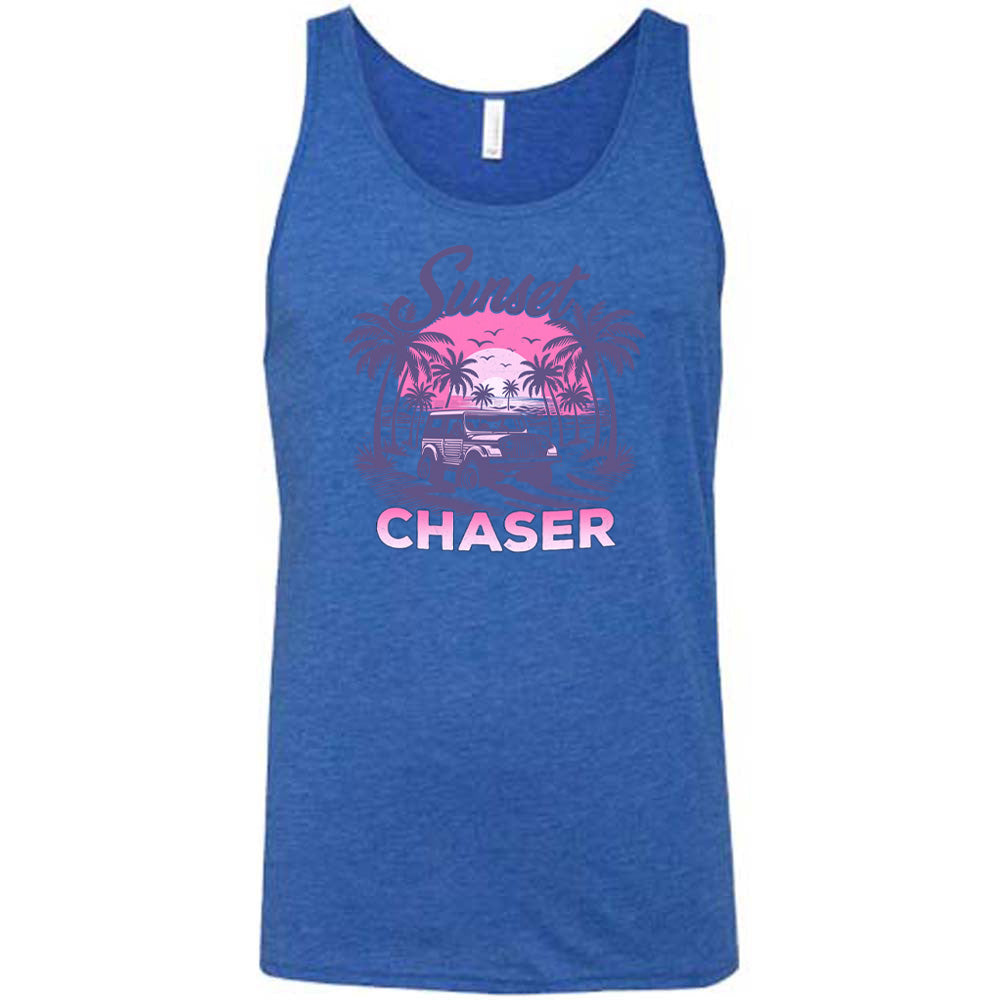 Blue colored tank with a vehicle on the beach graphic on it that says "Sunset Chaser" 