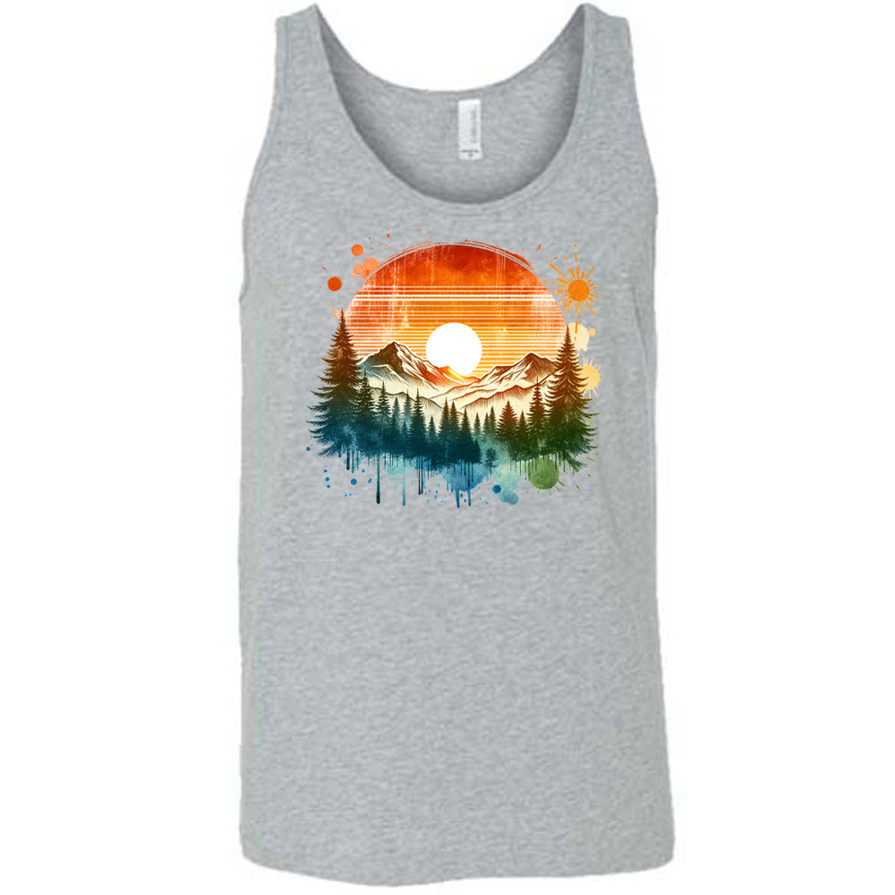 Grey colored tank with a sunset-mountain landscape graphic on it