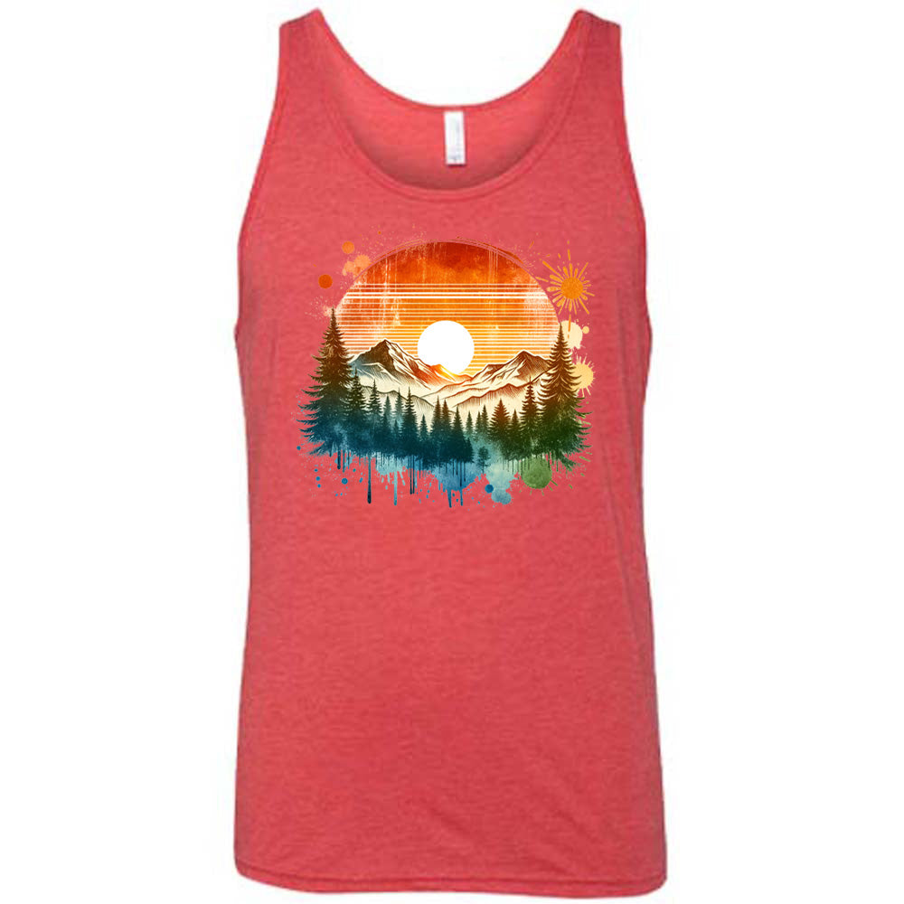 Red colored tank with a sunset-mountain landscape graphic on it