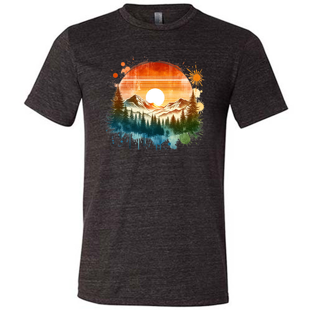 Black colored shirt with a sunset-mountain landscape graphic on it