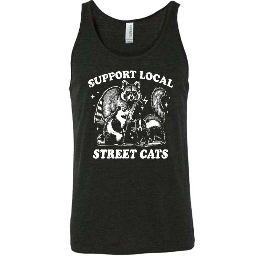 black unisex tank with the words "support local street cats" and the graphics of a racoon, a skunk, and a possum, all wearing sunglasses, with a few little stars and lightening bolts around