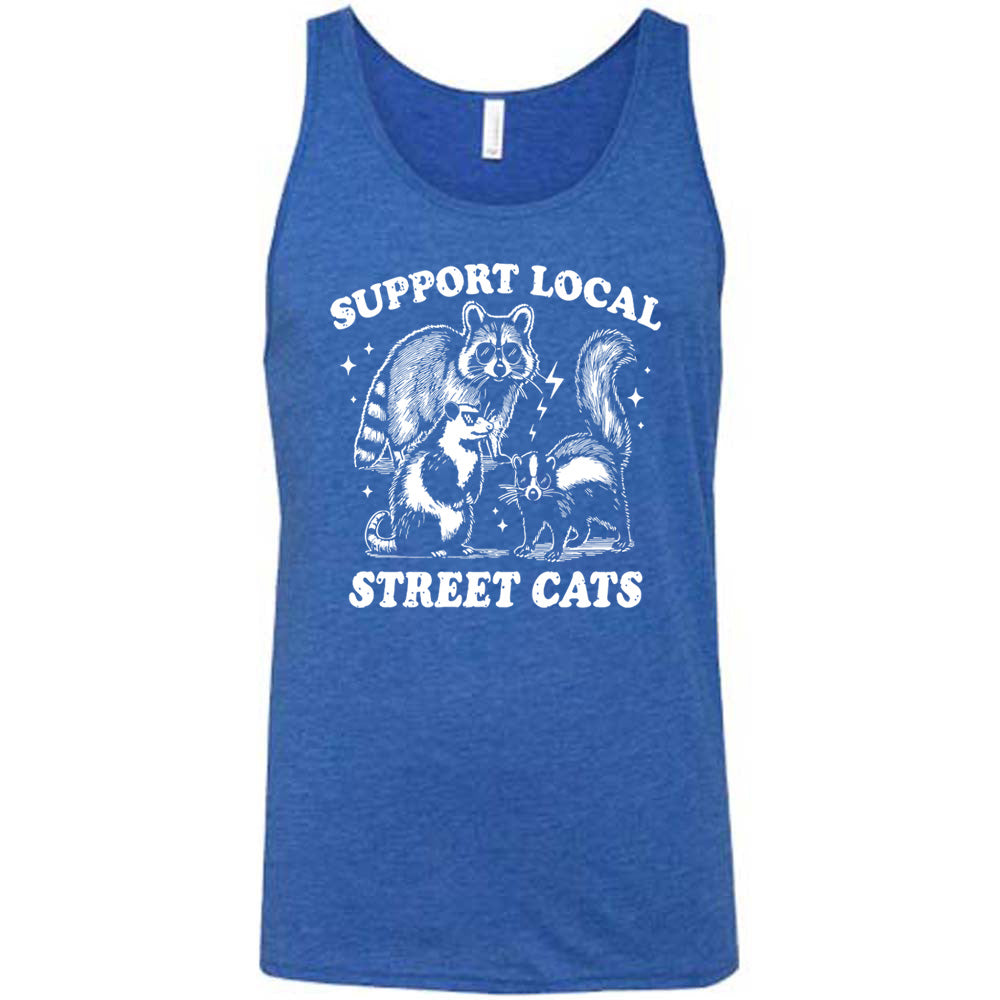 blue unisex tank with the words "support local street cats" and the graphics of a racoon, a skunk, and a possum, all wearing sunglasses, with a few little stars and lightening bolts around