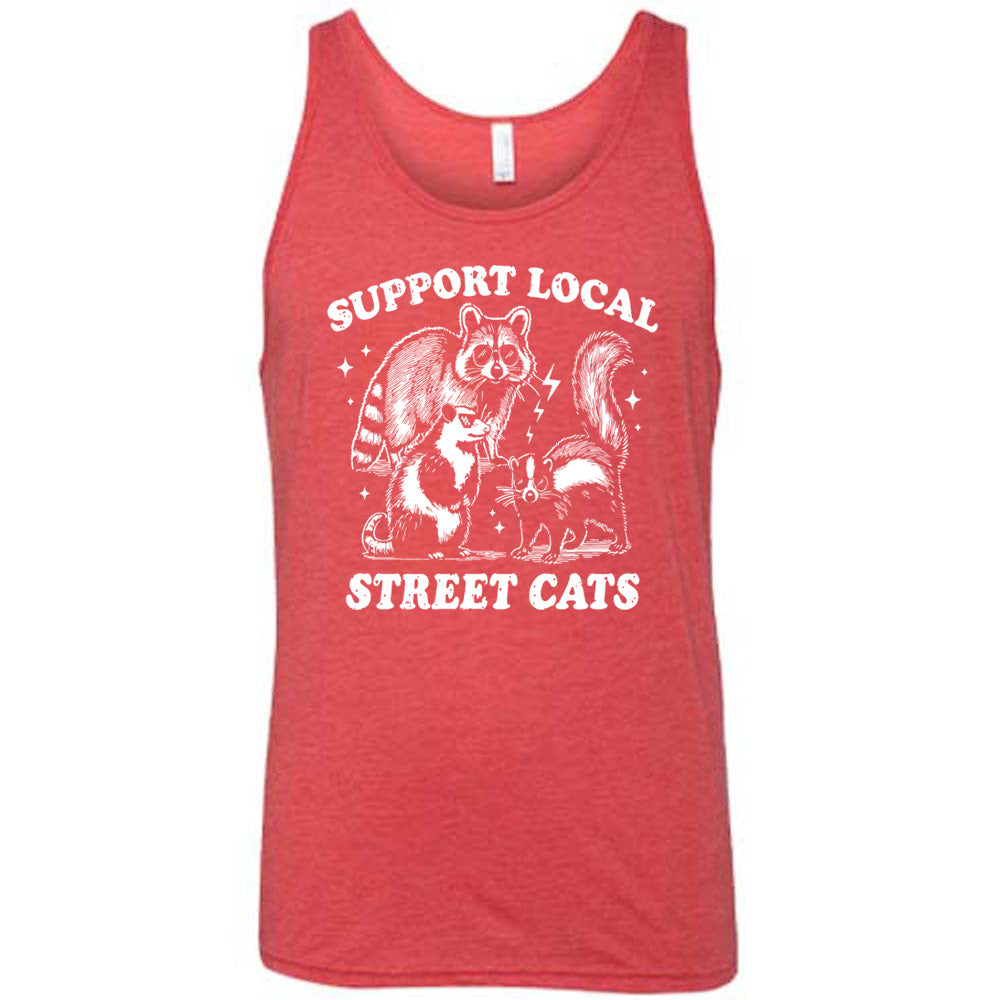 red unisex tank with the words "support local street cats" and the graphics of a racoon, a skunk, and a possum, all wearing sunglasses, with a few little stars and lightening bolts around