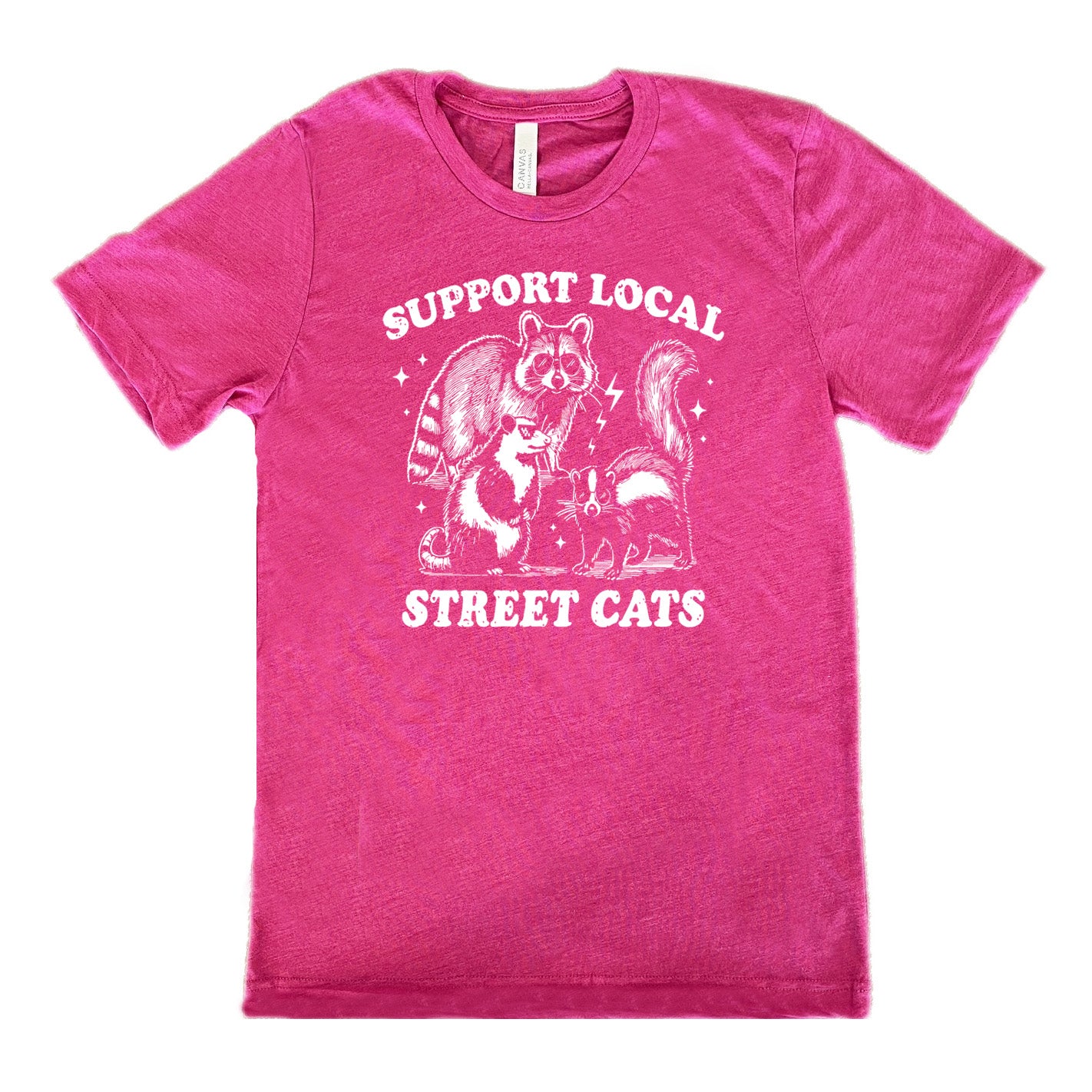 berry unisex tee with the words "support local street cats" and the graphics of a racoon, a skunk, and a possum, all wearing sunglasses, with a few little stars and lightening bolts around