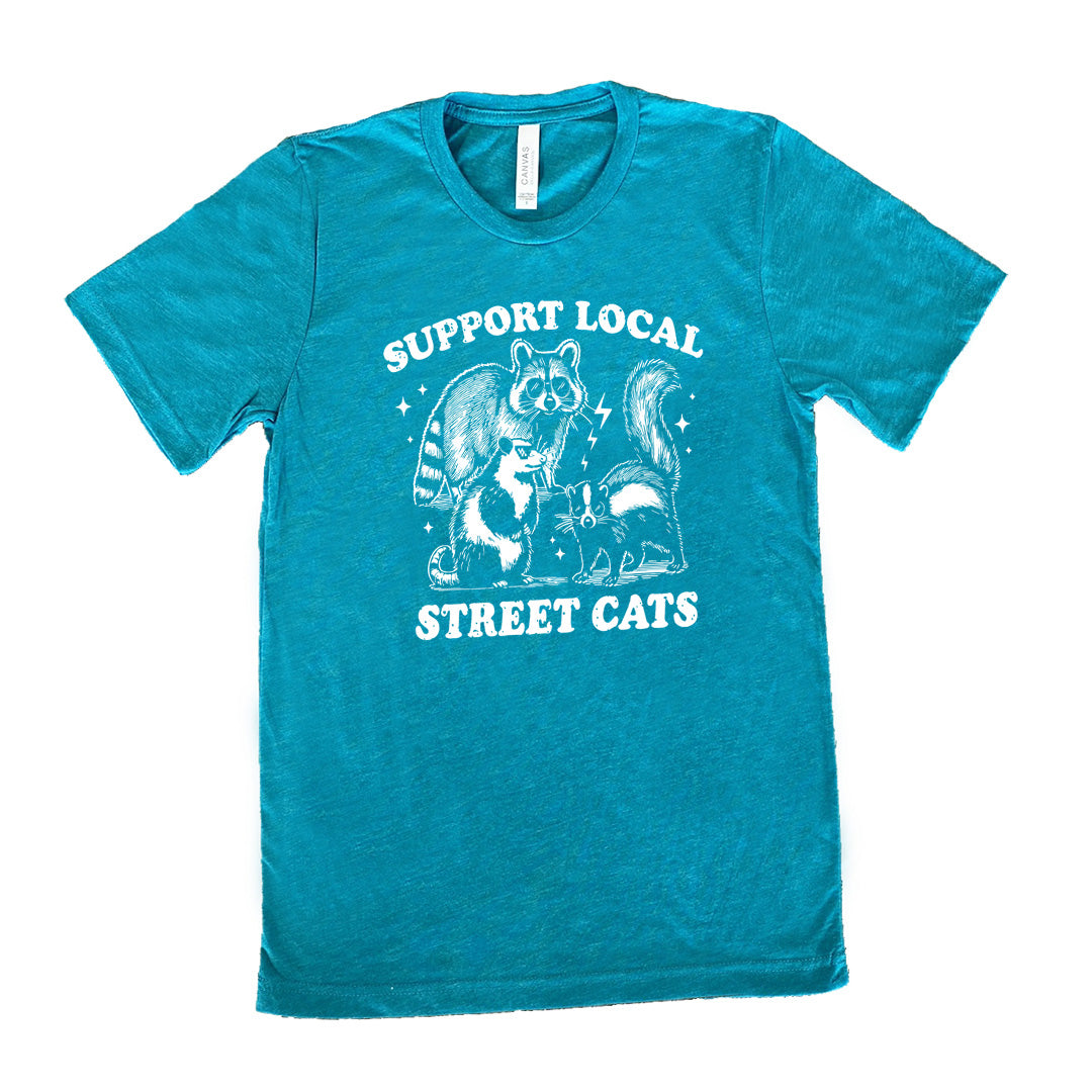 teal unisex tee with the words "support local street cats" and the graphics of a racoon, a skunk, and a possum, all wearing sunglasses, with a few little stars and lightening bolts around