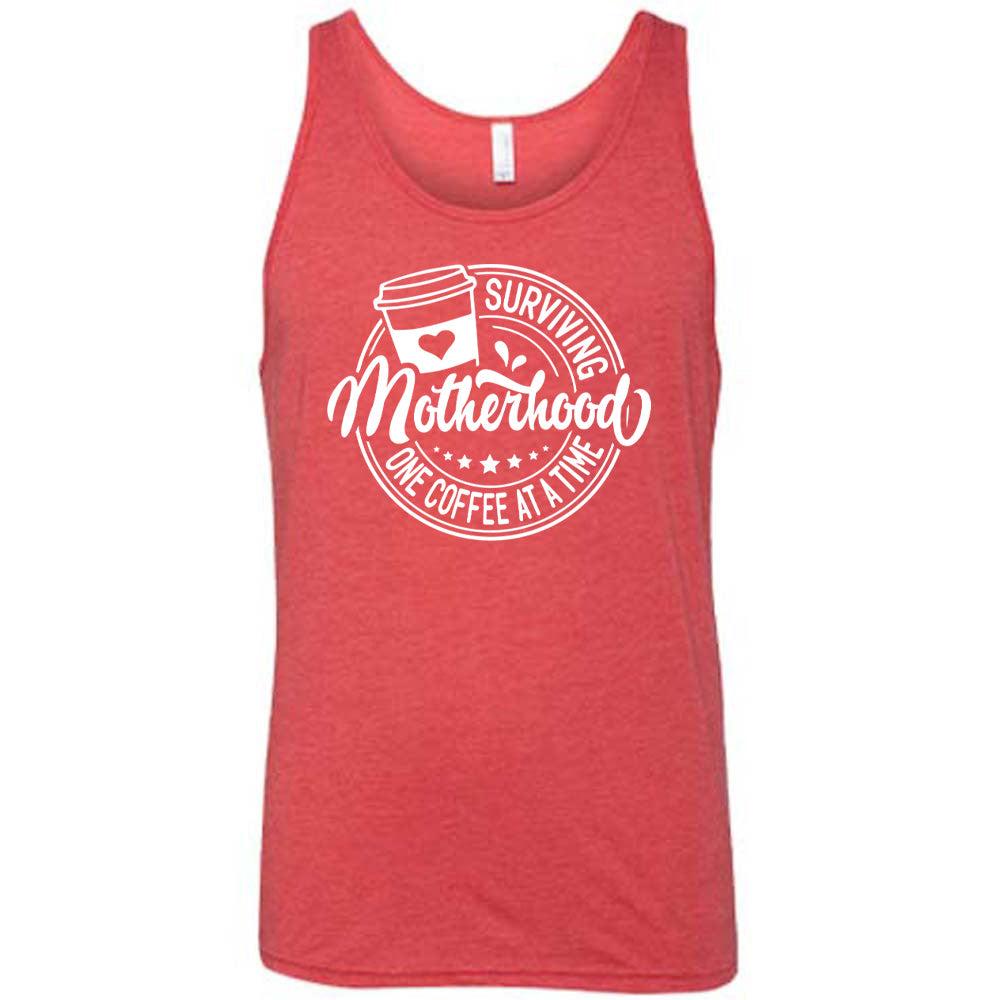 Red colored tank with a coffee cup graphic on it that says "Surviving Motherhood One Coffee at a Time" 