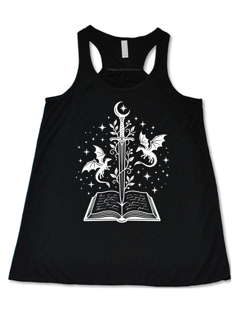 black flowy racerback tank with the graphic of a sword, with a crescent moon on top of the handle and with a vine wrapping around it, pointing down into an open book, surrounded by stars, and a dragon flying on either side