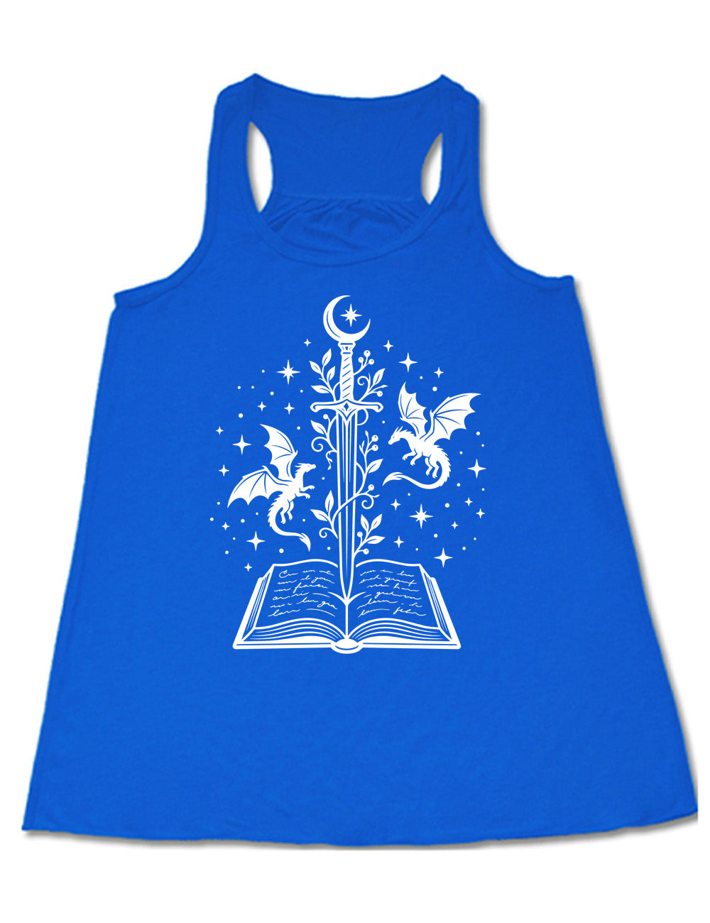blue flowy racerback tank with the graphic of a sword, with a crescent moon on top of the handle and with a vine wrapping around it, pointing down into an open book, surrounded by stars, and a dragon flying on either side