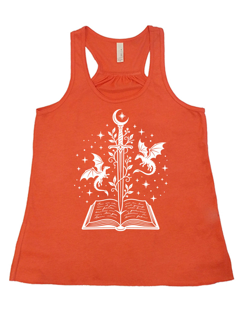 coral flowy racerback tank with the graphic of a sword, with a crescent moon on top of the handle and with a vine wrapping around it, pointing down into an open book, surrounded by stars, and a dragon flying on either side