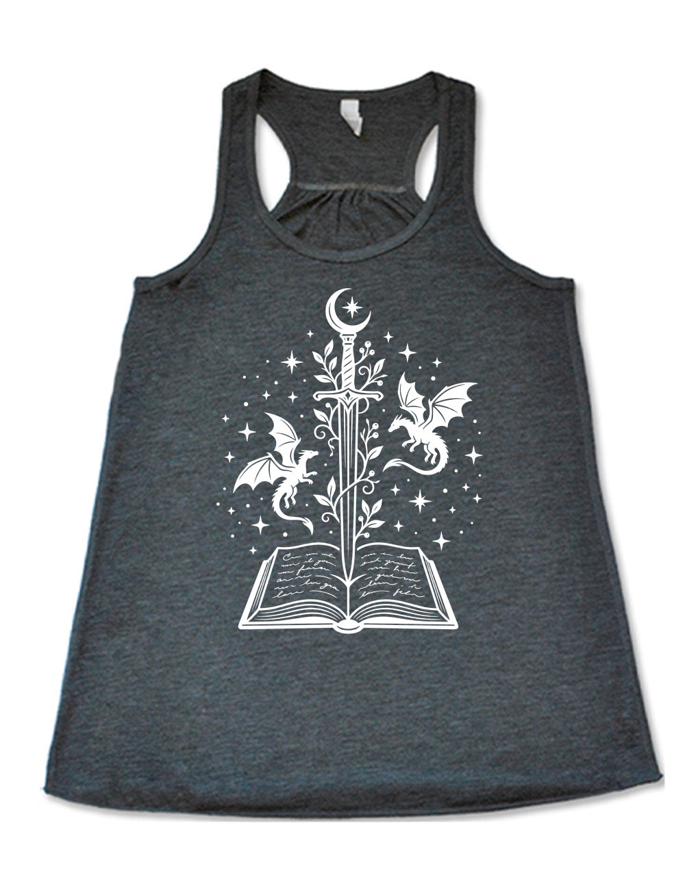 grey flowy racerback tank with the graphic of a sword, with a crescent moon on top of the handle and with a vine wrapping around it, pointing down into an open book, surrounded by stars, and a dragon flying on either side
