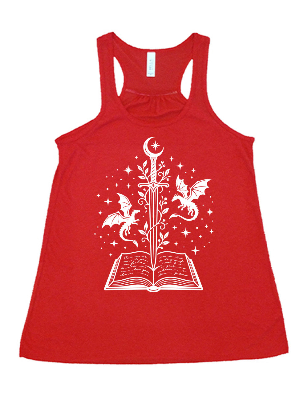 red flowy racerback tank with the graphic of a sword, with a crescent moon on top of the handle and with a vine wrapping around it, pointing down into an open book, surrounded by stars, and a dragon flying on either side