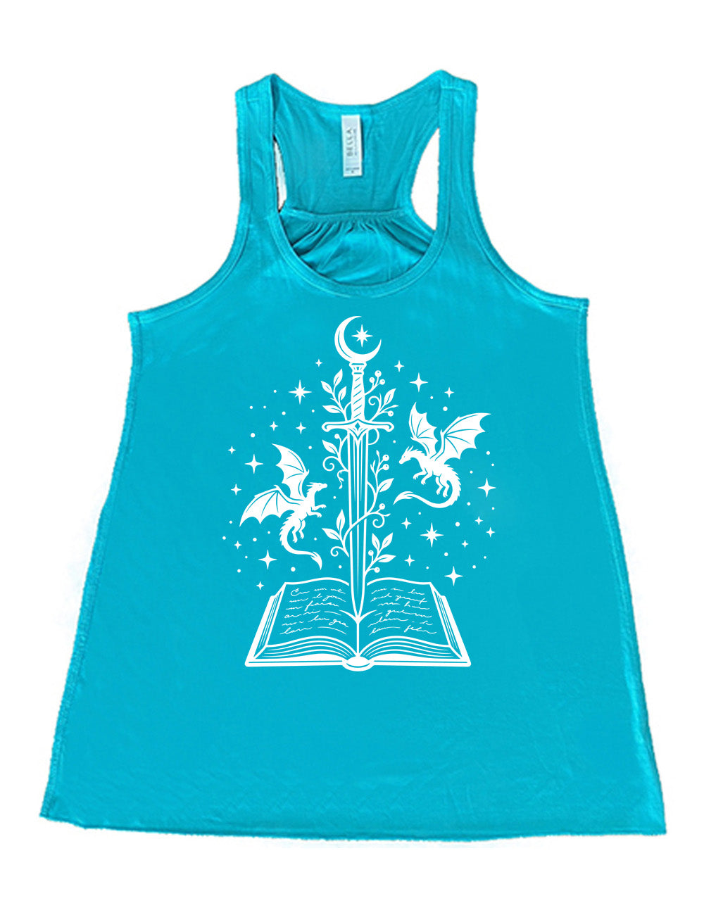 teal flowy racerback tank with the graphic of a sword, with a crescent moon on top of the handle and with a vine wrapping around it, pointing down into an open book, surrounded by stars, and a dragon flying on either side