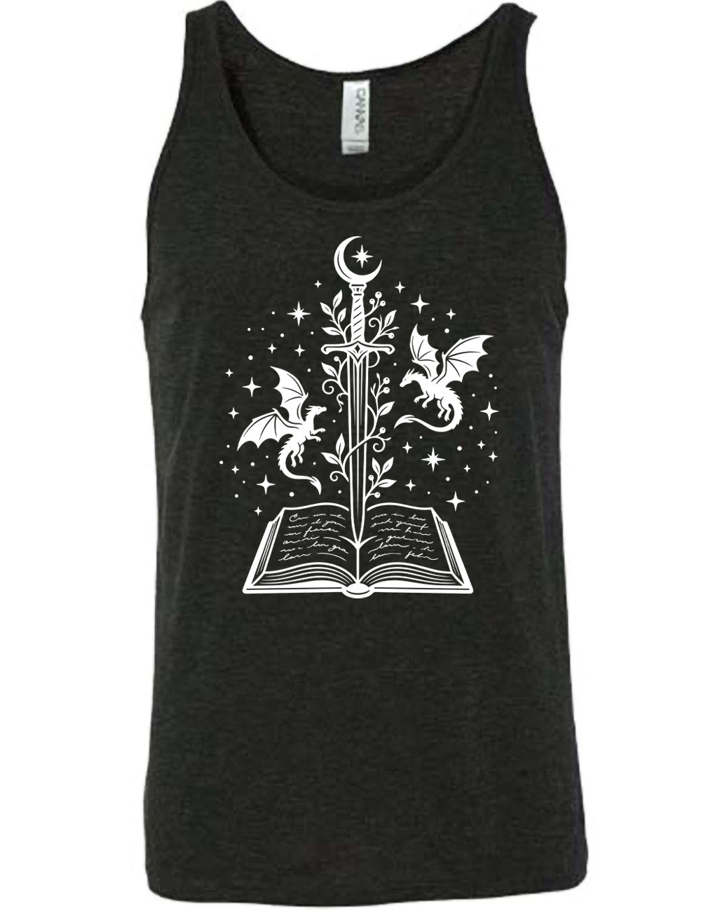 black unisex tank with the graphic of a sword, with a crescent moon on top of the handle and with a vine wrapping around it, pointing down into an open book, surrounded by stars, and a dragon flying on either side