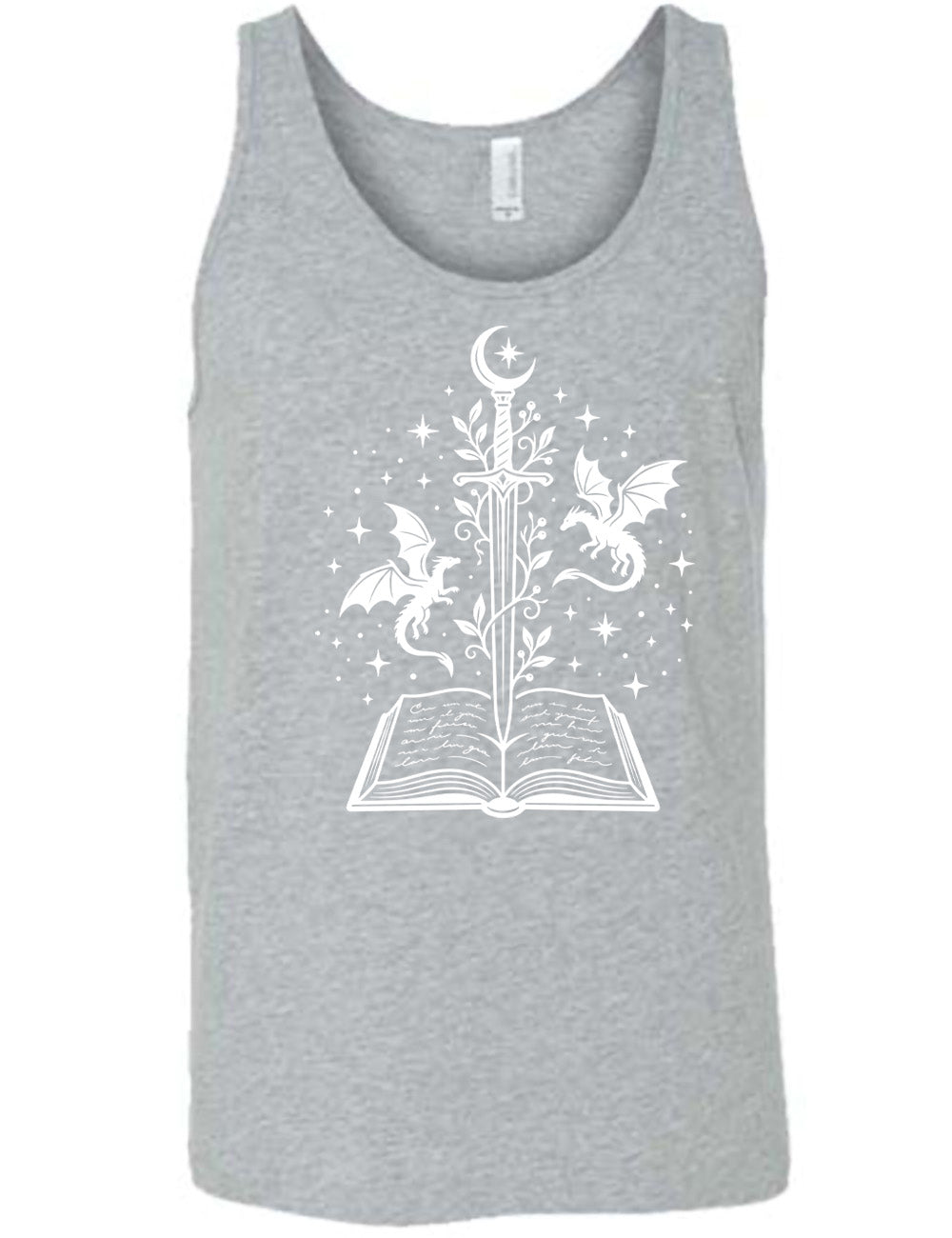 grey unisex tank with the graphic of a sword, with a crescent moon on top of the handle and with a vine wrapping around it, pointing down into an open book, surrounded by stars, and a dragon flying on either side