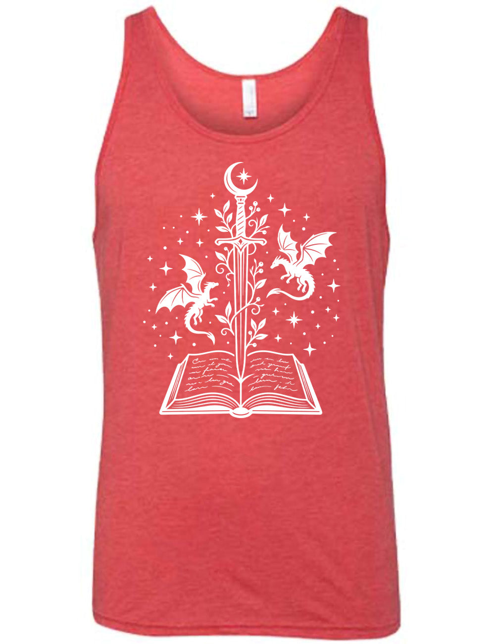 red unisex tank with the graphic of a sword, with a crescent moon on top of the handle and with a vine wrapping around it, pointing down into an open book, surrounded by stars, and a dragon flying on either side
