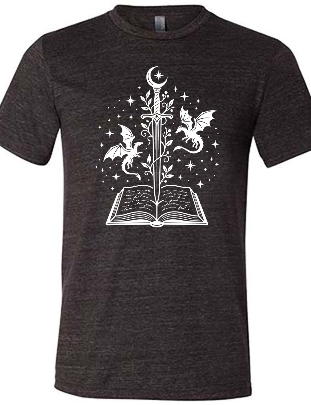 black unisex tee with the graphic of a sword, with a crescent moon on top of the handle and with a vine wrapping around it, pointing down into an open book, surrounded by stars, and a dragon flying on either side