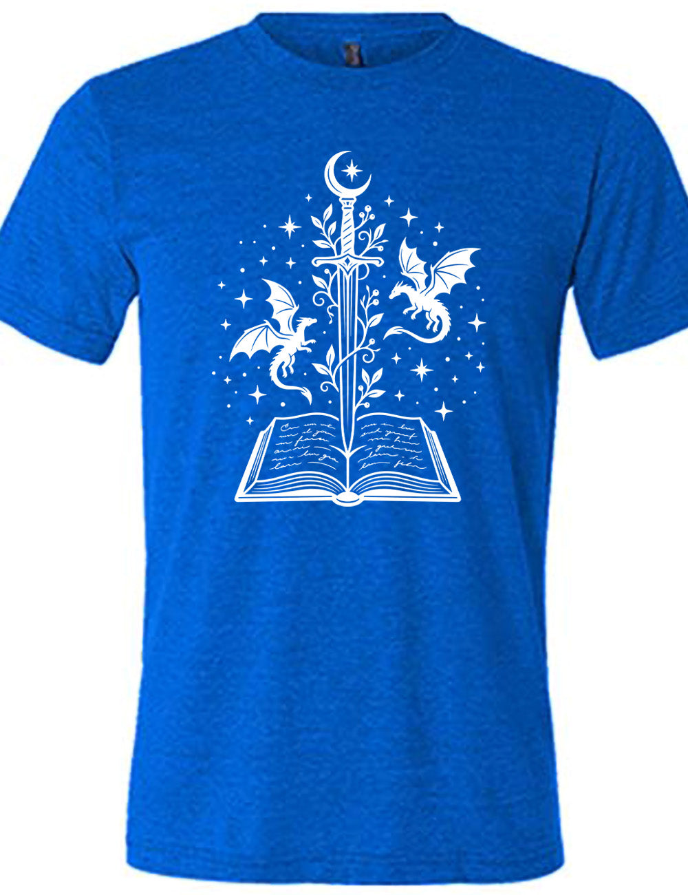 blue unisex tee with the graphic of a sword, with a crescent moon on top of the handle and with a vine wrapping around it, pointing down into an open book, surrounded by stars, and a dragon flying on either side