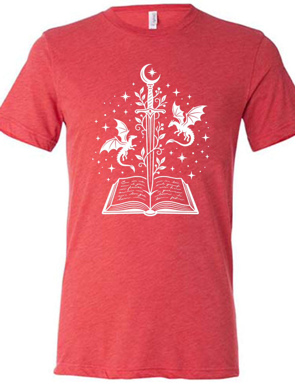 red unisex tee with the graphic of a sword, with a crescent moon on top of the handle and with a vine wrapping around it, pointing down into an open book, surrounded by stars, and a dragon flying on either side