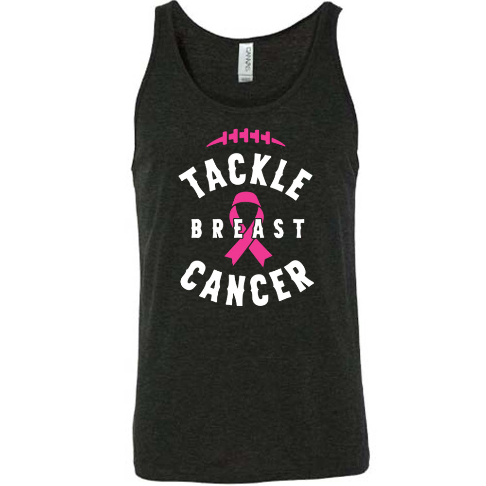 black t-shirt with 'Tackle Breast Cancer' text and pink ribbon design