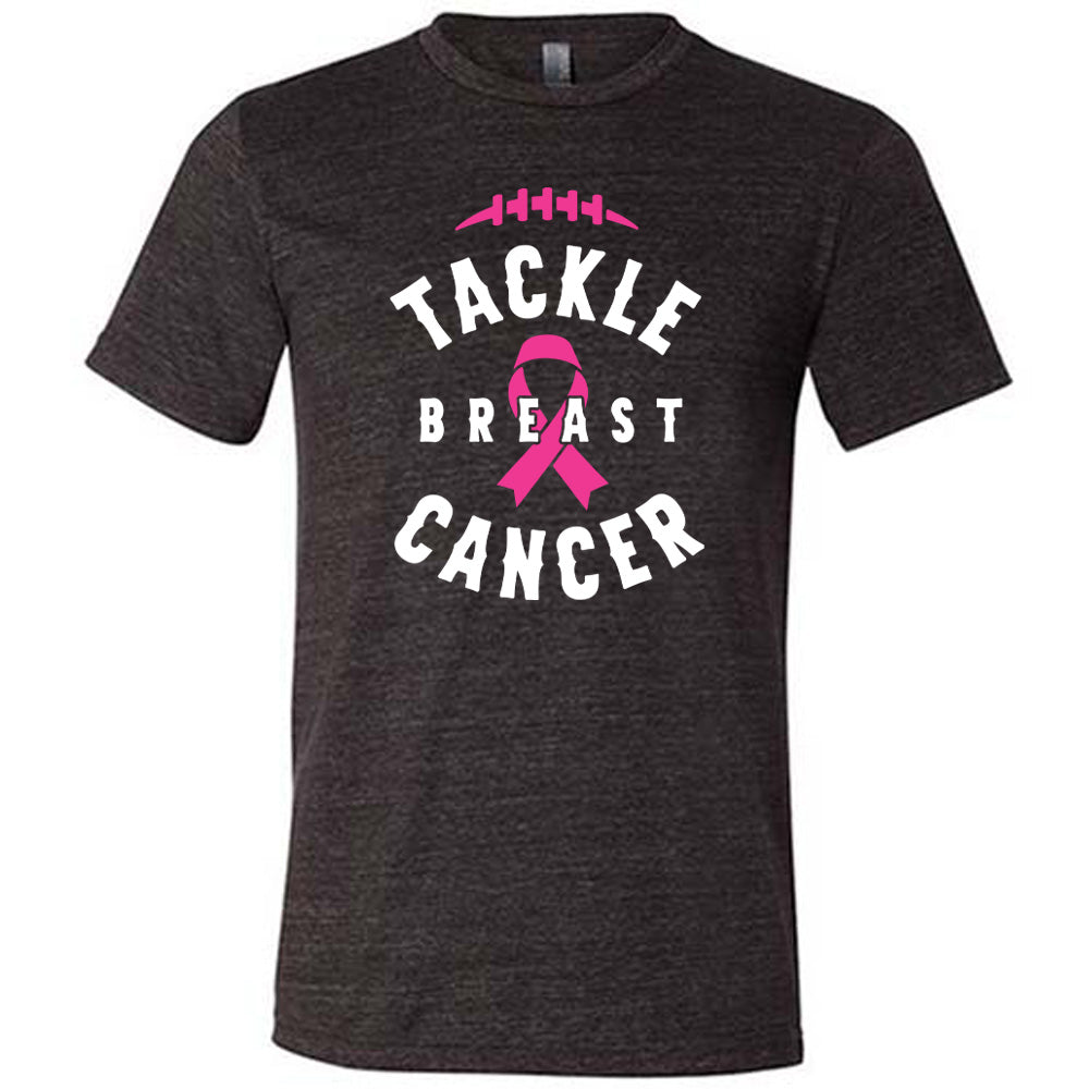 black t-shirt with 'Tackle Breast Cancer' text and pink ribbon design