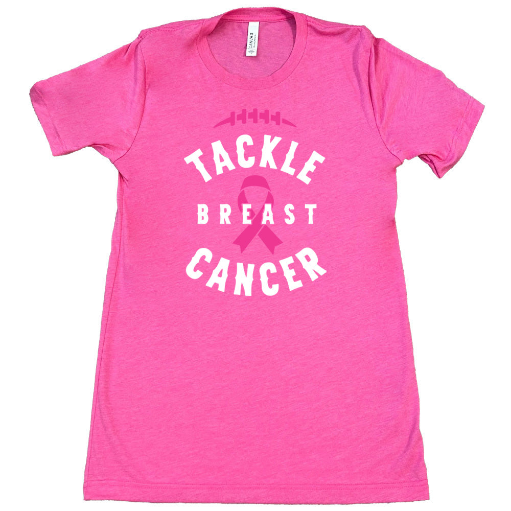pink t-shirt with 'Tackle Breast Cancer' text and pink ribbon design