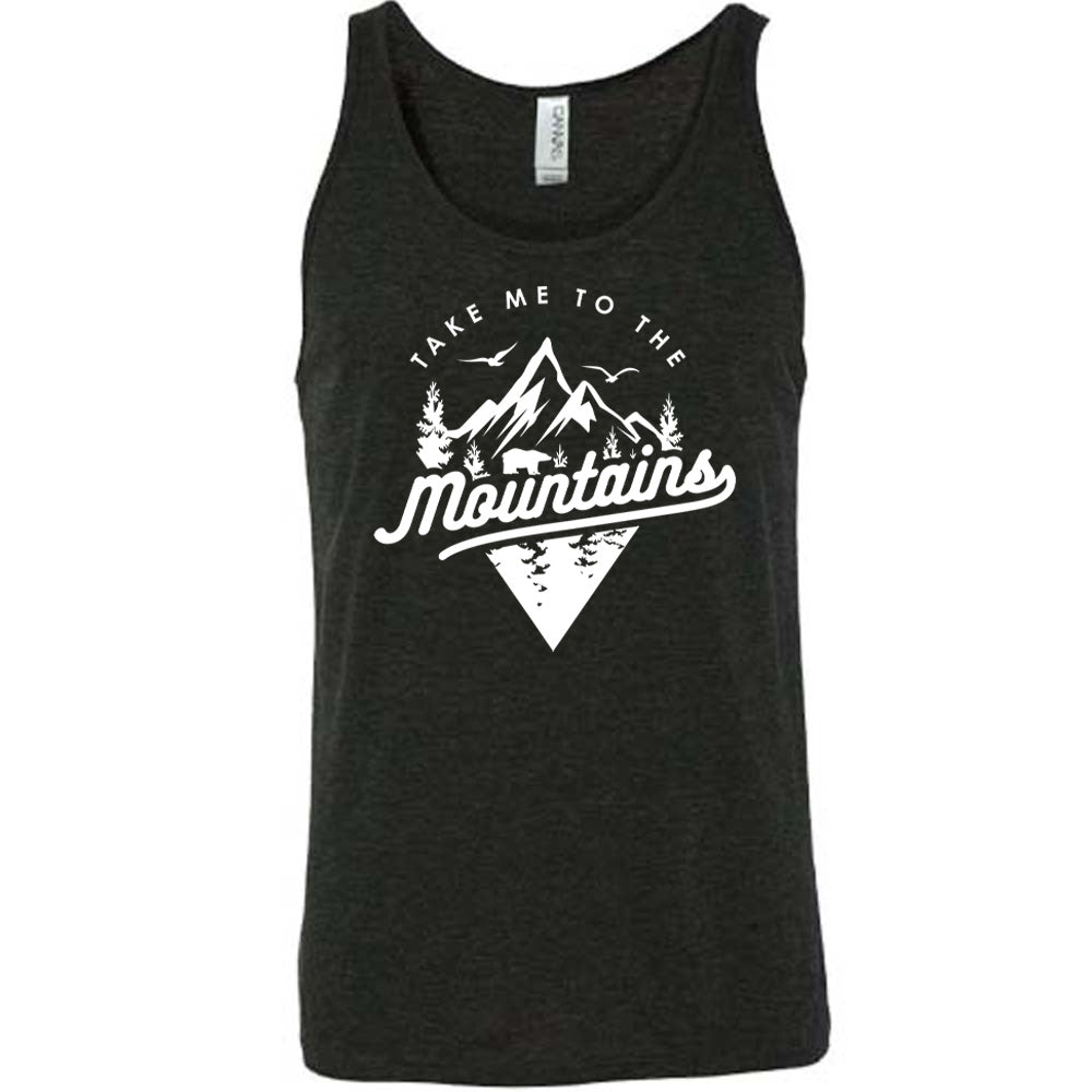 Black colored tank with a mountains graphic on it that says "Take Me To The Mountains" 