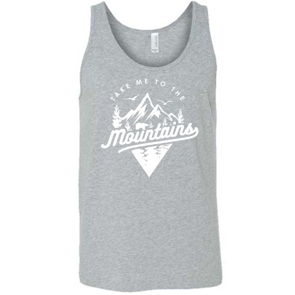 Grey colored tank with a mountains graphic on it that says "Take Me To The Mountains" 