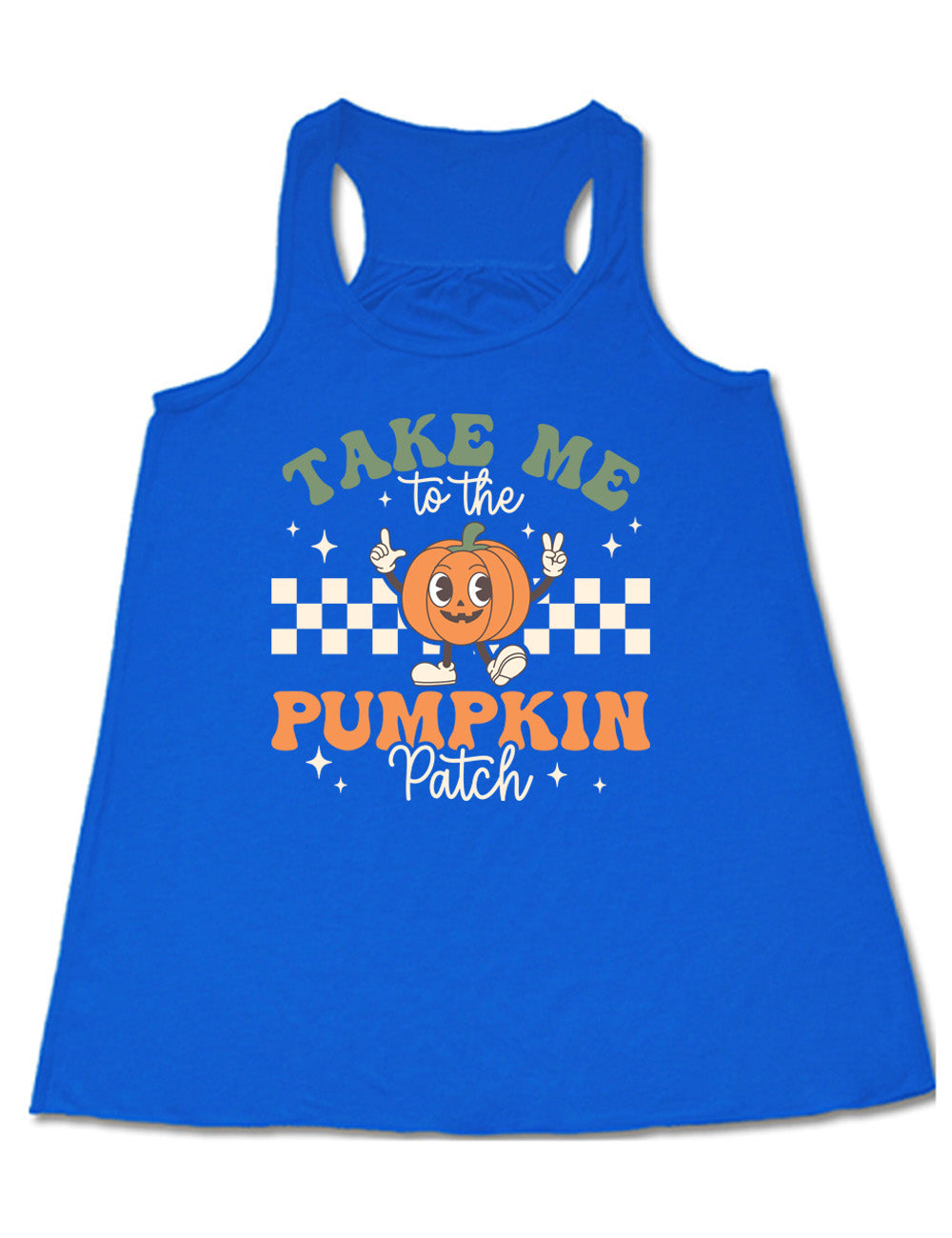 blue flowy racerback tank with the retro design of a pumpkin with arms raised, foot kicked out, in front of a checkered panel, with a few stars around, and the words above and below saying "Take me to the pumpkin patch"