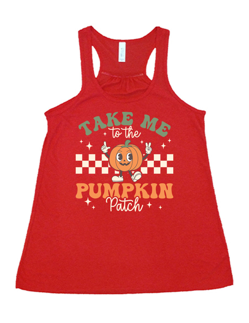 red flowy racerback tank with the retro design of a pumpkin with arms raised, foot kicked out, in front of a checkered panel, with a few stars around, and the words above and below saying "Take me to the pumpkin patch"