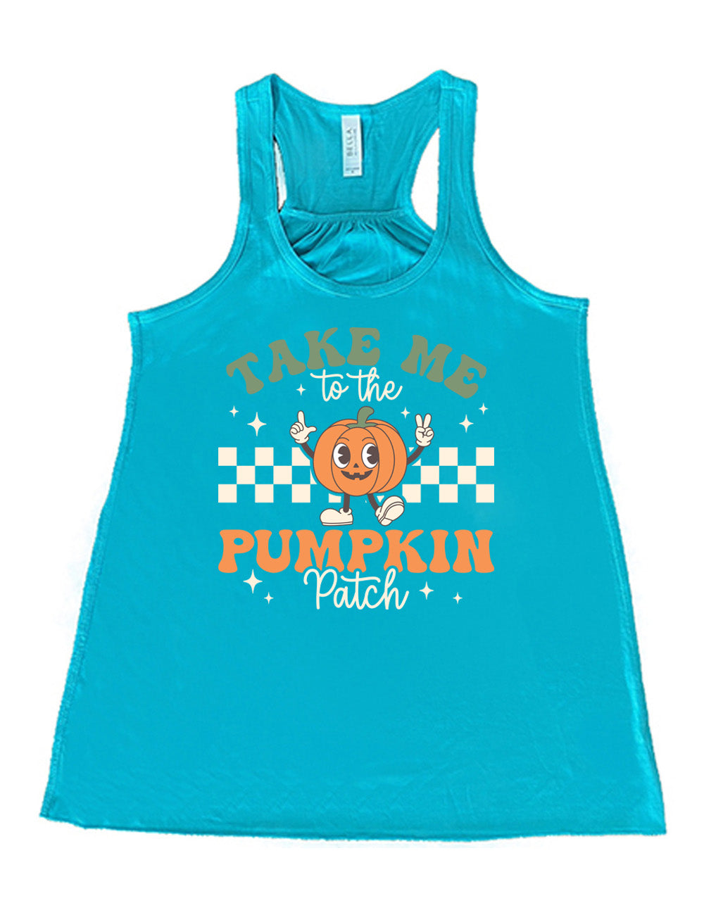 teal flowy racerback tank with the retro design of a pumpkin with arms raised, foot kicked out, in front of a checkered panel, with a few stars around, and the words above and below saying "Take me to the pumpkin patch"