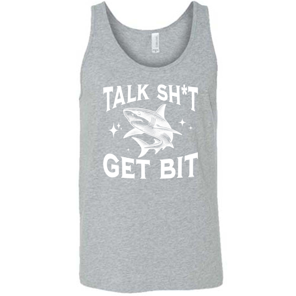 Grey colored tank with a shark graphic on it that says "Talk Shit Get Bit" 