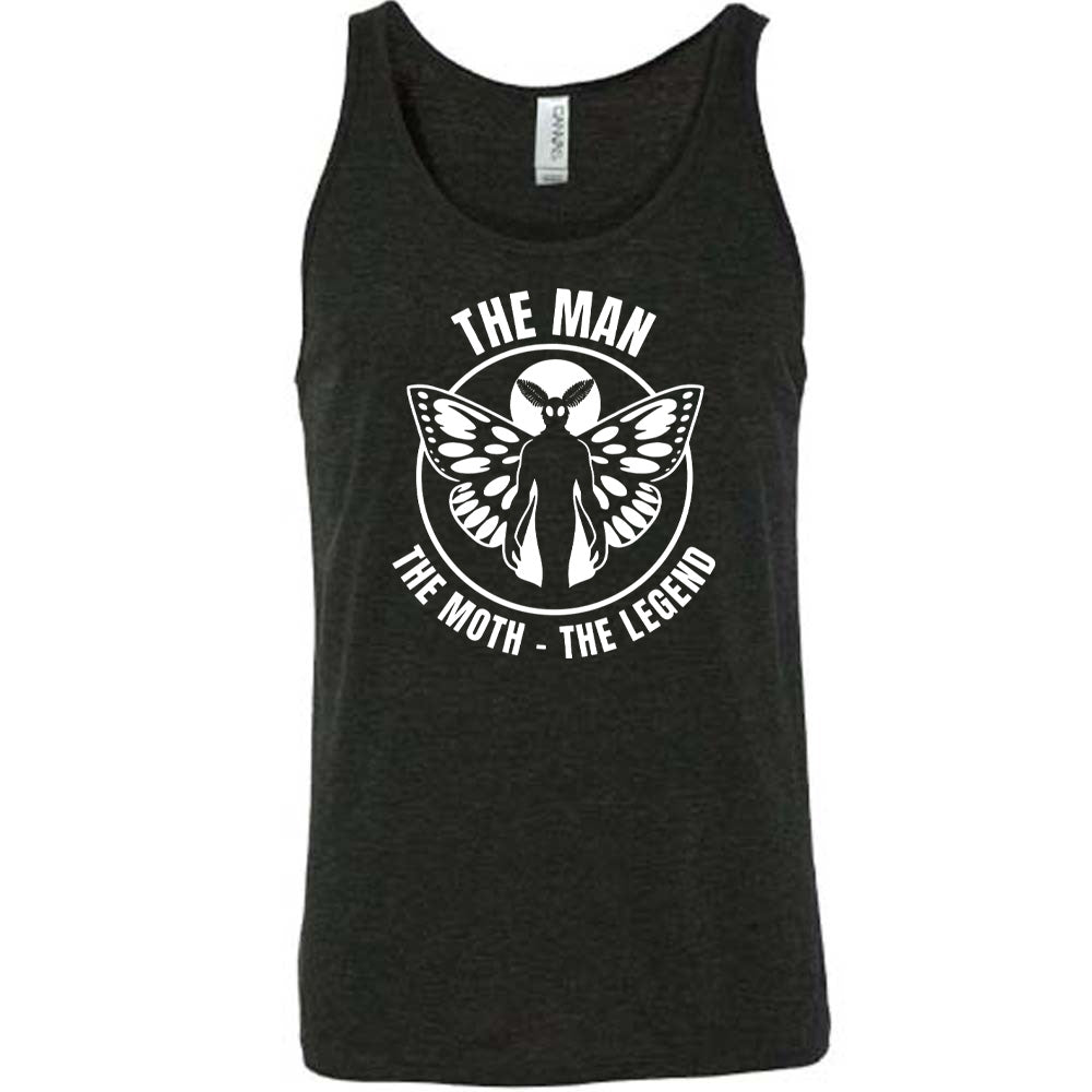 Black colored tank with mothman graphic on it that says "The Man The Moth The Legend"