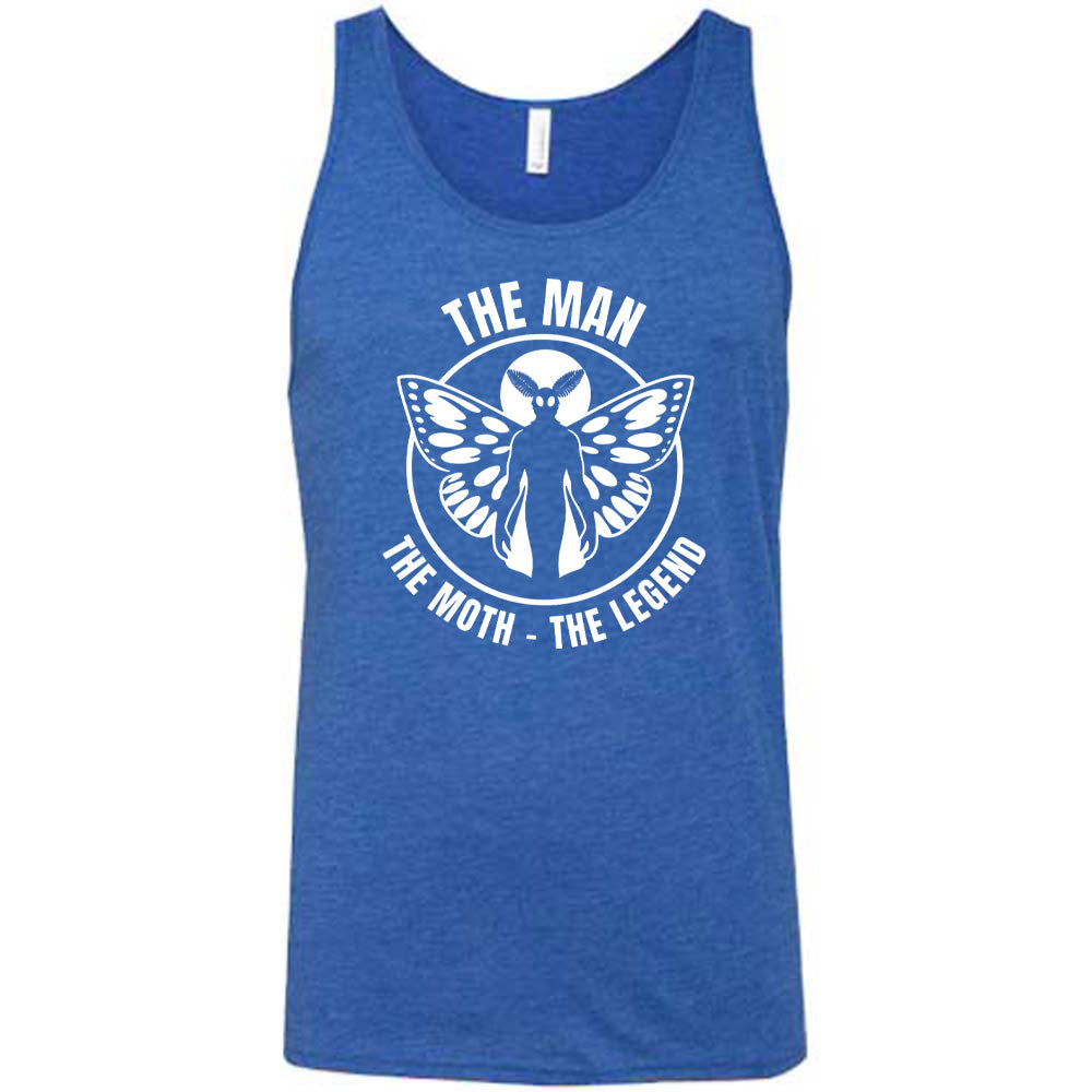 Blue colored tank with mothman graphic on it that says "The Man The Moth The Legend"