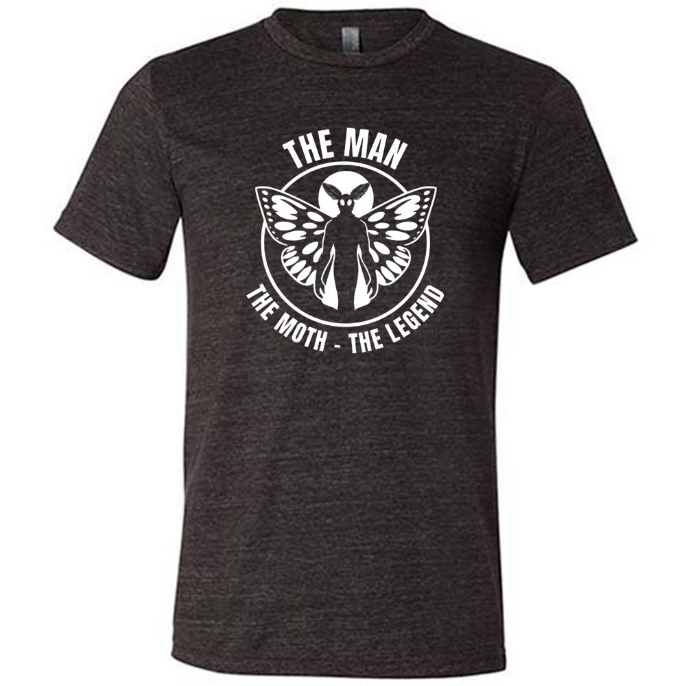 Black colored shirt with mothman graphic on it that says "The Man The Moth The Legend"