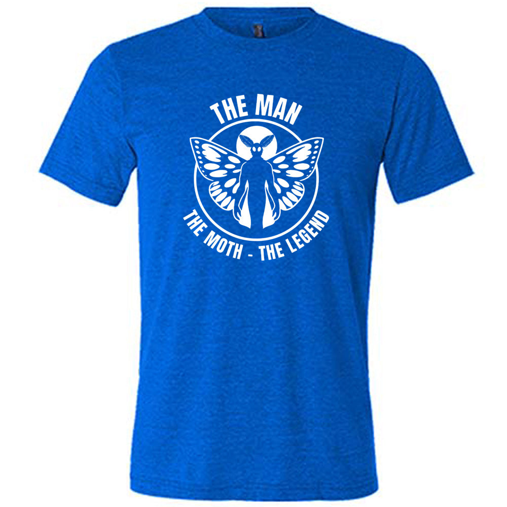 Blue colored shirt with mothman graphic on it that says "The Man The Moth The Legend"