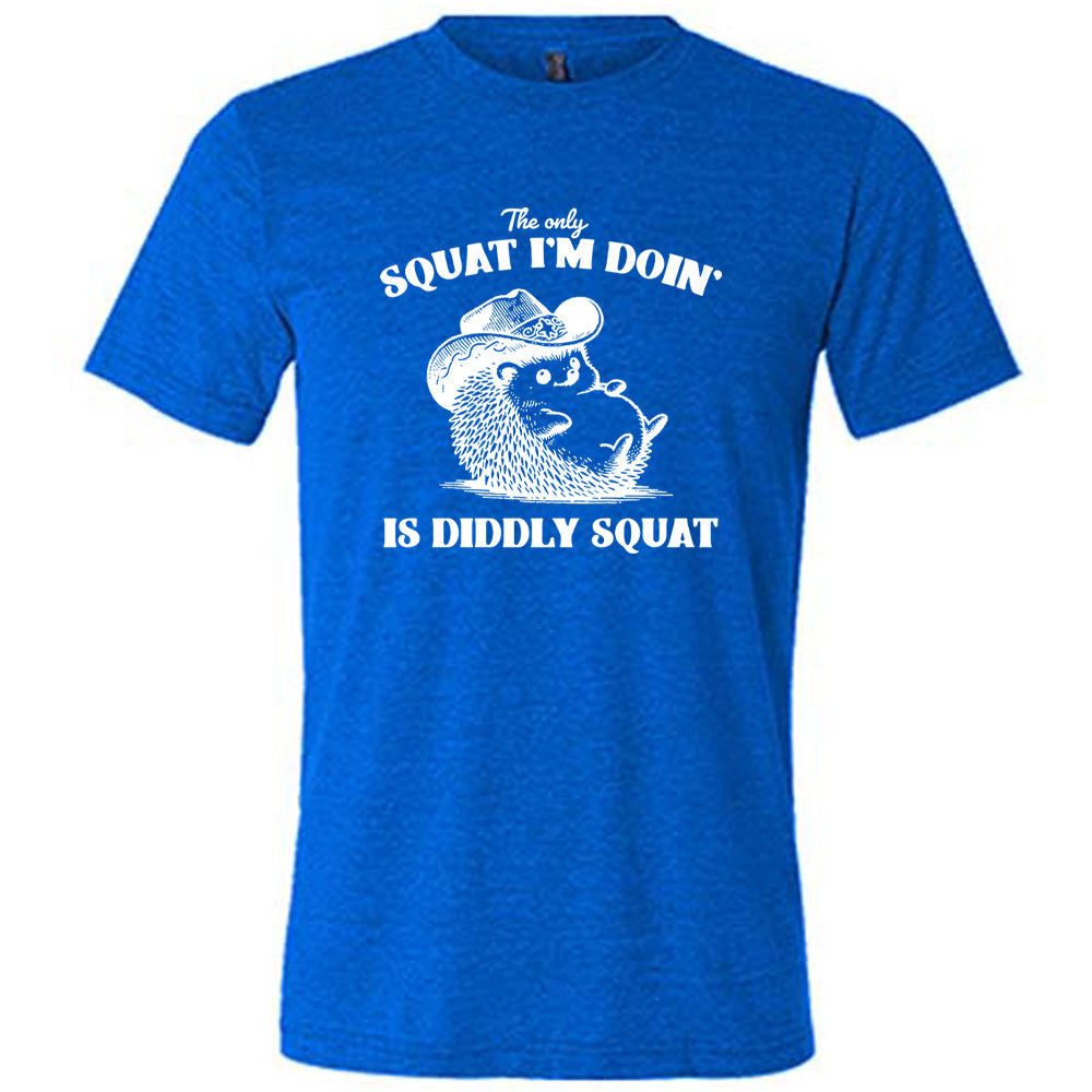 Blue colored shirt with a porcupine in a cowboy hat graphic on it that says "The Only Squat I'm Doing Is Diddly Squat"