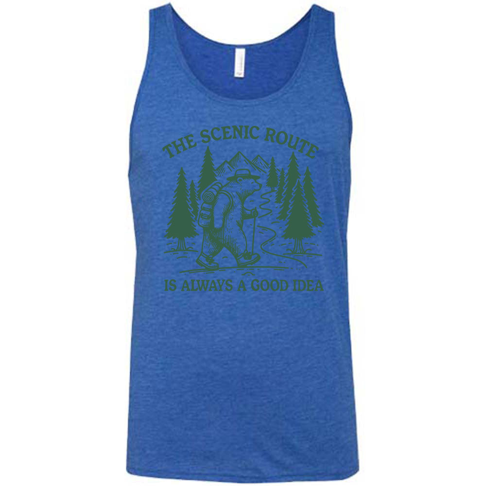 blue unisex tank with the words "the scenic route is always a good idea" with a bear hiking on a trail through the woods 