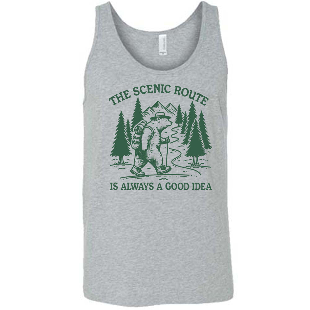 grey unisex tank with the words "the scenic route is always a good idea" with a bear hiking on a trail through the woods 