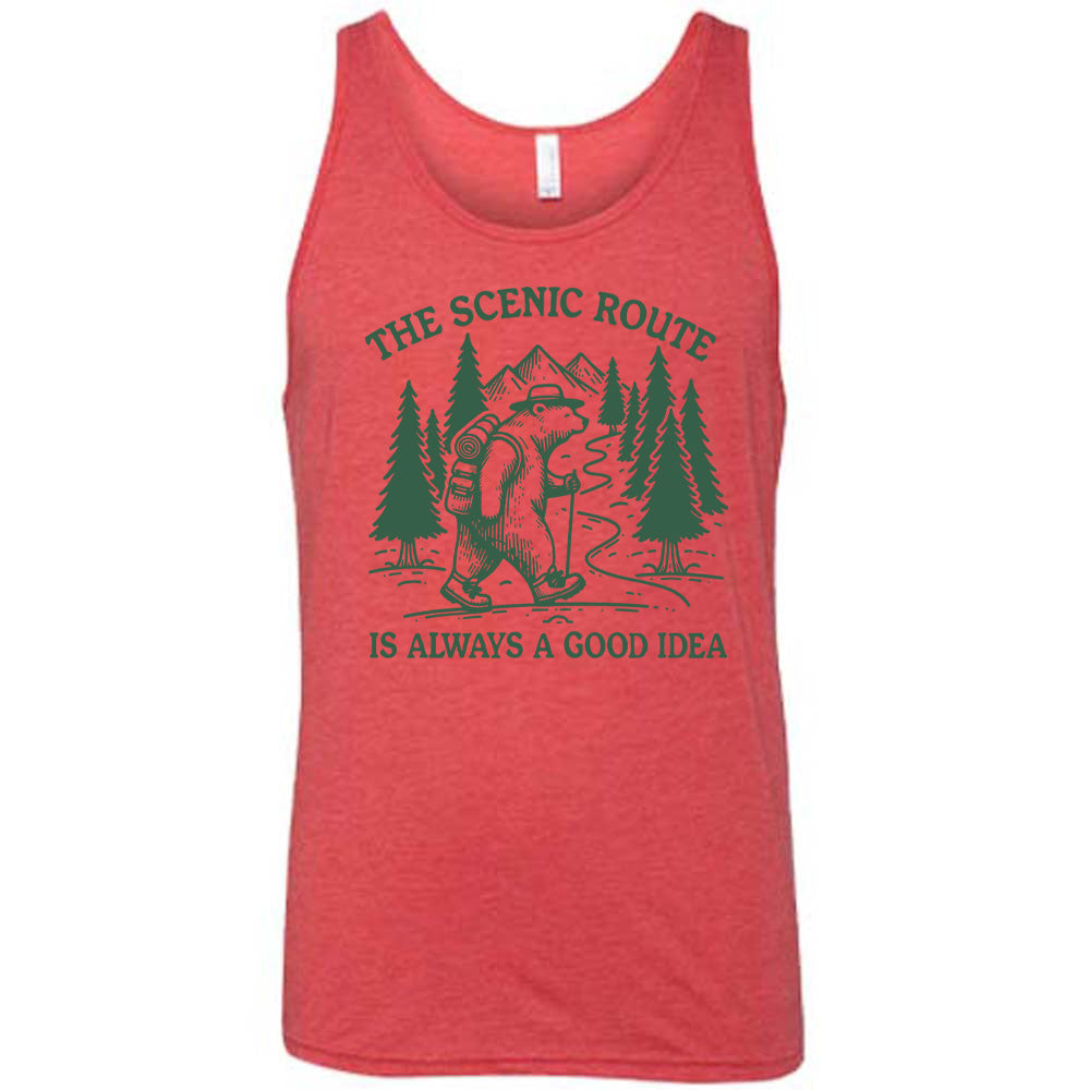 red unisex tank with the words "the scenic route is always a good idea" with a bear hiking on a trail through the woods 