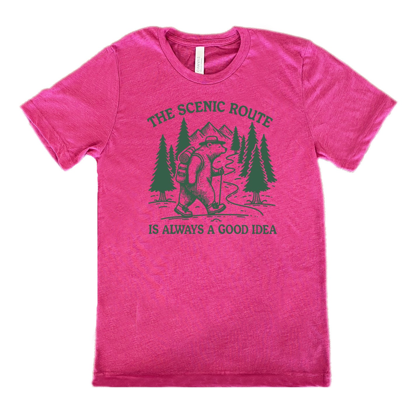berry unisex tee with the words "the scenic route is always a good idea" with a bear hiking on a trail through the woods 