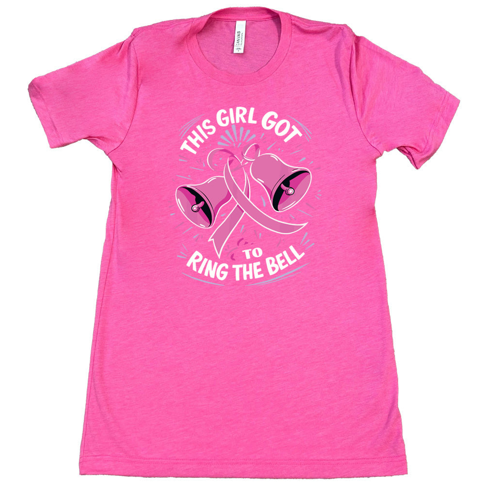 pink t-shirt with pink breast cancer awareness ribbon and text "This Girl Got To Ring The Bell" on a white background