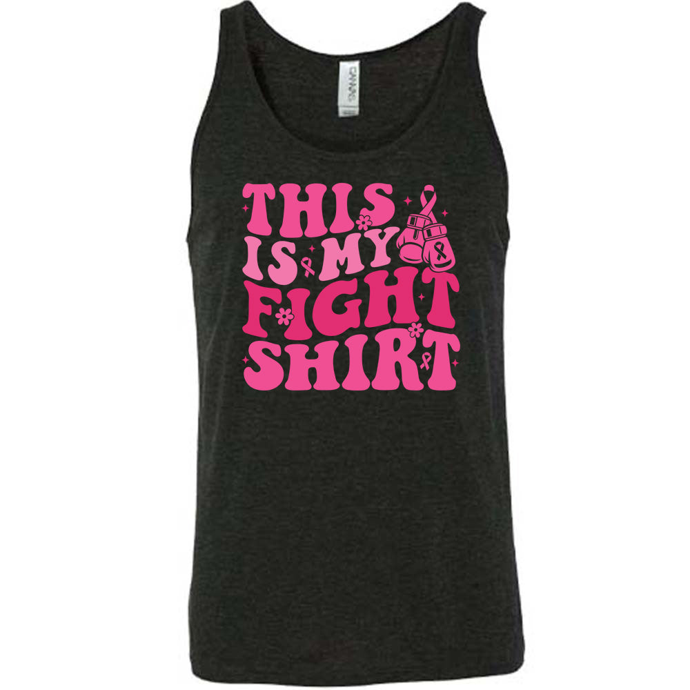black t-shirt with pink text 'This is my fight shirt' on a white background