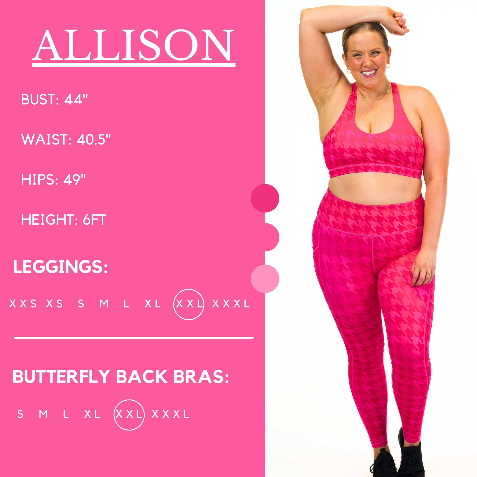 Model's measurements of 44 inch bust, 40.5 inch waist, 49 inch hips, and height of 6 foot. She is wearing a size xx-large in our leggings
