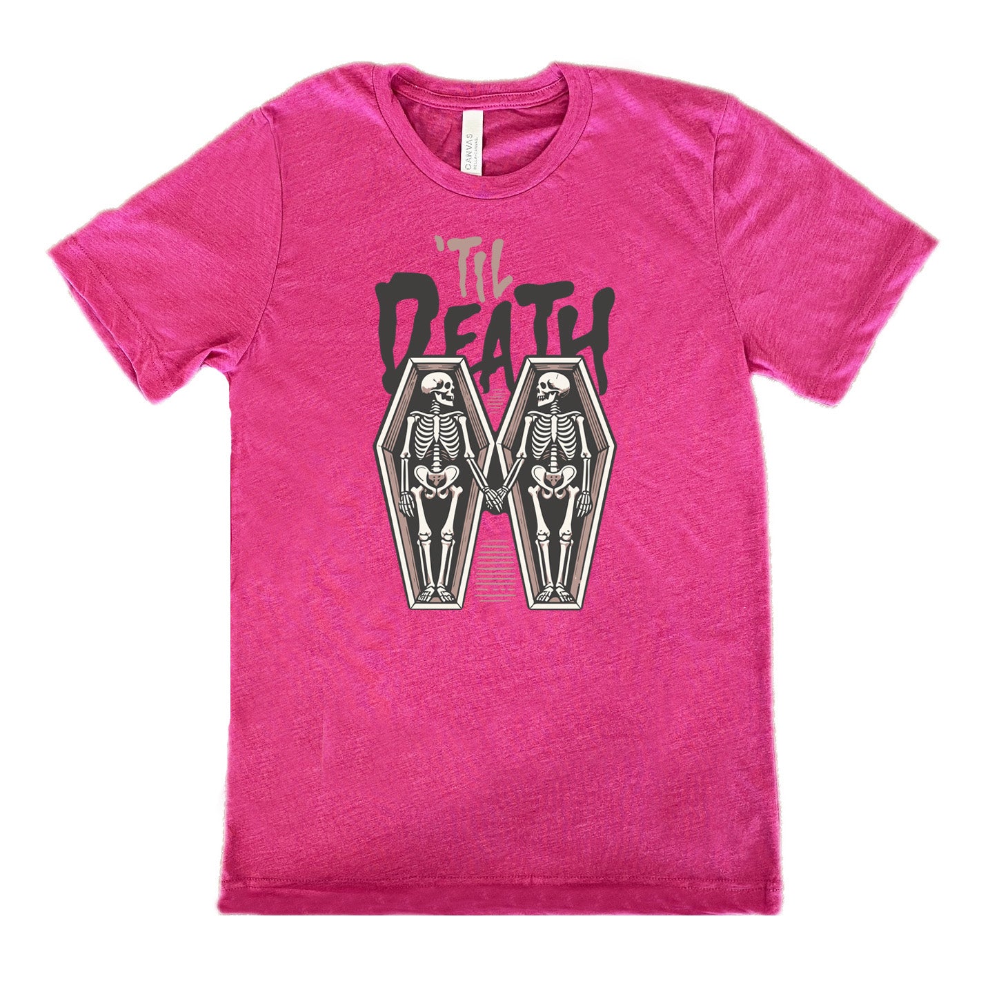 berry unisex tee with the words "'til death" on it, with graphics of two skeletons, both in their own coffins, holding hands in the middle